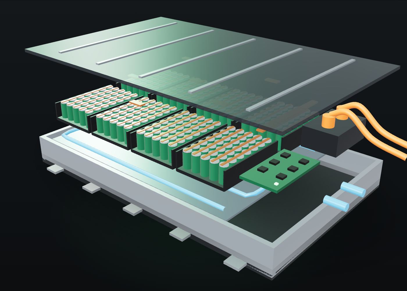 Exploded EV battery pack showing modules, cooling plate and electronics